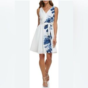 DKNY White Dress with Blue Floral Print and Side Tie